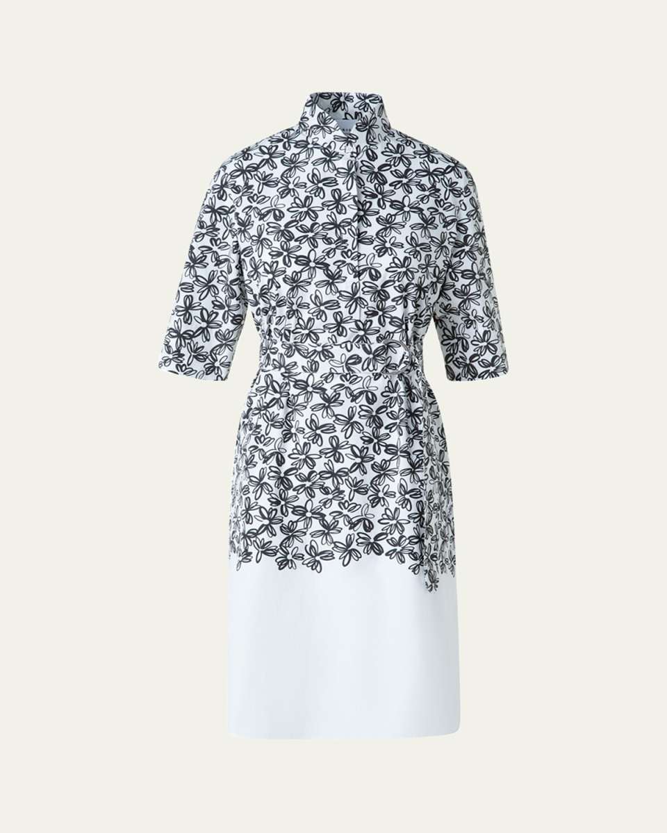 Daisy-Print Cotton Poplin Belted Shirtdress